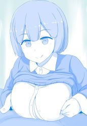 Rule 34 | 1girl, arms at sides, blue theme, breasts, clothes lift, collared shirt, getsuyoubi no tawawa, hair between eyes, hetero, large breasts, licking lips, long sleeves, monochrome, nao (ritsancrossover), open clothes, open mouth, paizuri, penis, shirt, smile, solo focus, sweater, sweater lift, sweater vest, tongue, tongue out, white shirt