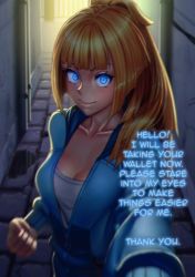 Rule 34 | 1girl, alley, animated, animated gif, blonde hair, blue eyes, blunt bangs, breasts, cleavage, clenched hand, english text, femdom, glowing, glowing eyes, hypnosis, long hair, looking at viewer, mind control, night, nikita varb, original, ponytail, pov, smile, solo, stroke (manipper), text focus, third-party edit