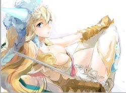 Rule 34 | 1girl, bad id, bad twitter id, blonde hair, blue eyes, breasts, cleavage, gauntlets, horns, kachina, long hair, puzzle &amp; dragons, sakuya (p&amp;d), single horn, sketch, solo, thighhighs