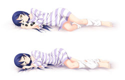 Rule 34 | 1girl, ;d, barefoot, blue hair, closed eyes, dress, feet, long hair, love live!, love live! school idol festival, love live! school idol project, lying, multiple views, music s.t.a.r.t!!, on side, one eye closed, open mouth, short dress, simple background, sleeping, smile, sonoda umi, striped clothes, striped dress, white background, white legwear, yu-ta