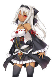 Rule 34 | 1girl, 47agdragon, albino, bare shoulders, black skirt, black thighhighs, breasts, corset, cowboy shot, dark-skinned female, dark skin, detached sleeves, frills, garter straps, hair between eyes, hair ornament, hairclip, highres, long hair, maid, maid headdress, medium breasts, original, parted lips, red eyes, ribbon-trimmed clothes, ribbon trim, simple background, skirt, solo, thighhighs, underbust, white background, white hair