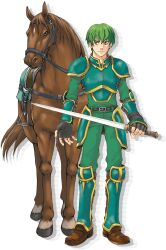 Rule 34 | 1boy, armor, brown footwear, fingerless gloves, fire emblem, fire emblem: the binding blade, full body, gloves, green eyes, green hair, green pants, highres, holding, holding sword, holding weapon, kaneda eiji, lance (fire emblem), nintendo, official art, outstretched arm, pants, pauldrons, shoulder armor, smile, solo, sword, weapon