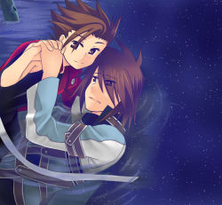 Rule 34 | 00s, 2boys, age difference, alternate costume, brown eyes, brown hair, father and son, frown, holding hands, kratos aurion, lloyd irving, multiple boys, red eyes, red hair, short hair, smile, star (symbol), tales of (series), tales of symphonia