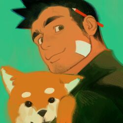 Rule 34 | 1boy, ace attorney, animal, bandaid, bandaid on face, bara, object behind ear, black eyes, brown hair, collared shirt, dick gumshoe, dog, facial hair, holding, holding animal, holding dog, looking at viewer, male focus, mature male, mr kasuy, pencil, portrait, shiba inu, shirt, short hair, smile, solo, stubble, thick eyebrows