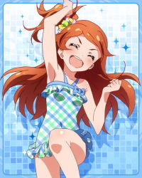 Rule 34 | &gt; &lt;, 10s, 1girl, ^ ^, arm up, armpits, bare shoulders, brown hair, closed eyes, closed eyes, female focus, hair ornament, idolmaster, idolmaster million live!, kawakami tetsuya, long hair, official art, one-piece swimsuit, one side up, ogami tamaki, open mouth, side ponytail, smile, solo, swimsuit