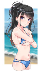 Rule 34 | 1girl, absurdres, beach, bikini, black hair, blue bikini, blurry, blurry background, blush, covering privates, covering breasts, frown, highres, idolmaster, idolmaster shiny colors, kazano hiori, long hair, looking at viewer, mole, mole under mouth, murabito c, navel, ocean, ponytail, purple eyes, solo, swimsuit