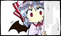Rule 34 | 1girl, ane, bat wings, blush, chibi, female focus, hat, mob cap, no nose, peeking out, red eyes, remilia scarlet, silver hair, simple background, solo, touhou, upper body, white background, wings