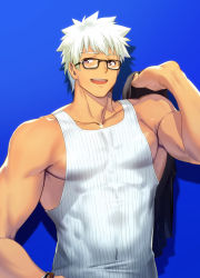 Rule 34 | 1boy, archer (fate), bara, brown eyes, covered abs, covered navel, dark skin, dark-skinned male, fate/grand order, fate/stay night, fate (series), glasses, highres, holding, holding clothes, holding shirt, large pectorals, male focus, muscular, pectorals, shirt, topless male, short hair, smile, solo, archer (summer casual) (fate), tank top, waku (ayamix), white hair