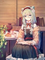 Rule 34 | 1girl, animal ears, arknights, bear ears, black dress, blue eyes, book, bow, bowtie, braid, brown bow, brown bowtie, commentary request, dress, flower, food, hair flower, hair ornament, hairband, highres, indoors, istina (arknights), istina (bibliosmia) (arknights), jar, long hair, long sleeves, looking at viewer, monocle, off shoulder, official alternate costume, pancake, petticoat, pinafore dress, plant, potted plant, red hairband, shirt, silver hair, sitting, sleeveless dress, solo, table, twin braids, white flower, white shirt, yunweishukuang
