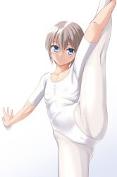 Rule 34 | 1girl, absurdres, against wall, athletic leotard, ballet, blue eyes, breasts, cameltoe, cleft of venus, commentary request, cowboy shot, flat chest, grey hair, highres, leotard, looking at viewer, original, pantyhose, parted lips, ribs, short hair, short sleeves, simple background, small breasts, solo, split, standing, standing on one leg, standing split, takafumi, variant set, white background, white leotard, white pantyhose