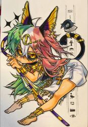 Rule 34 | 1girl, black eyes, cat girl, chain, dress, earrings, egyptian, gold bracelet, gold chain, gold earrings, gold necklace, green hair, hegg ng, highres, holding, holding stick, jewelry, leaning forward, long hair, looking at viewer, multicolored hair, necklace, original, red hair, simple background, stick, tail raised, white background, white dress, white hair, yellow eyes