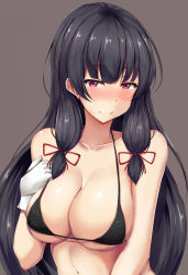Rule 34 | 1girl, bad id, bad twitter id, bikini, black bikini, black hair, blush, breasts, cleavage, closed mouth, commentary, gloves, grey background, hair ribbon, hand on own chest, highres, isokaze (kancolle), kantai collection, large breasts, long hair, looking at viewer, micro bikini, purple eyes, ribbon, sidelocks, simple background, skindentation, smile, solo, swimsuit, terakoya, tress ribbon, upper body, white gloves