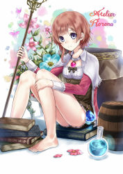 Rule 34 | 1girl, atelier (series), atelier rorona, barefoot, barrel, blue eyes, blush, book, bow, breasts, brown hair, bug, butterfly, cauldron, character name, copyright name, feet, female focus, flask, flower, hand on own knee, highres, holding, bug, jewelry, katade, legs, looking at viewer, no headwear, no headwear, pendant, petals, potion, rororina fryxell, round-bottom flask, short hair, short hair with long locks, sitting, small breasts, smile, solo, staff
