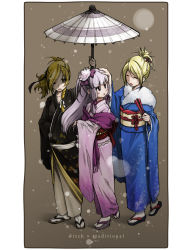 Rule 34 | 3girls, :t, alice margatroid, alternate hairstyle, blonde hair, female focus, folding fan, hand fan, hand on another&#039;s head, headpat, holding, holding umbrella, japanese clothes, kimono, kirisame marisa, long hair, multiple girls, nobuya, oil-paper umbrella, patchouli knowledge, ponytail, pout, purple eyes, purple hair, short hair, touhou, traditional clothes, umbrella
