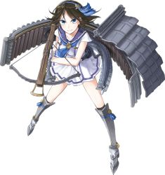 Rule 34 | &gt;:|, 1girl, :|, blue eyes, blue neckerchief, boots, bowgun, breasts, brown hair, closed mouth, dress, full body, gloves, hair ornament, holding, holding weapon, kazune (baumkuchen), looking at viewer, looking up, medium breasts, mihara (oshiro project), neckerchief, oshiro project:re, oshiro project:re, pleated skirt, sailor dress, skirt, sleeveless, solo, thigh boots, thighhighs, transparent background, v-shaped eyebrows, weapon