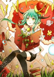 Rule 34 | 1girl, bad id, bad pixiv id, bell, black thighhighs, book, dress, fang, gown, grass, green eyes, green hair, hatsune miku, highres, horns, mashiro aa, matching hair/eyes, open mouth, solo, thighhighs, vocaloid
