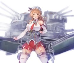 Rule 34 | 10s, 1girl, breasts, corset, detached sleeves, feathers, female focus, garter straps, hair between eyes, kantai collection, large breasts, light brown hair, littorio (kancolle), long hair, long sleeves, machinery, maid headdress, miniskirt, orange eyes, ponytail, red skirt, simple background, skirt, solo, sumisu (mondo), thighhighs, turret, wavy hair, white thighhighs, zettai ryouiki