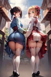 Rule 34 | 2girls, ai-assisted, ass, black hair, blonde hair, brown eyes, building, cloud, flower, from behind, green eyes, hair flower, hair ornament, highres, huge ass, japanese clothes, kim hyung tae, legs, looking back, miko, multiple girls, original, outdoors, panties, sky, standing, thick eyebrows, thick thighs, thighhighs, thighs, underwear