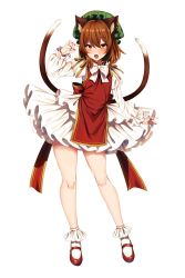 Rule 34 | 1girl, :d, animal ear fluff, animal ears, blush, brown eyes, brown hair, cat ears, cat tail, chen, contrapposto, dress, earrings, fang, female focus, fox shadow puppet, full body, gold trim, hat, highres, jewelry, juliet sleeves, long sleeves, looking at viewer, marota, medium hair, mob cap, multiple tails, nekomata, open mouth, puffy sleeves, red dress, second-party source, simple background, single earring, smile, solo, tail, touhou, two tails, white background
