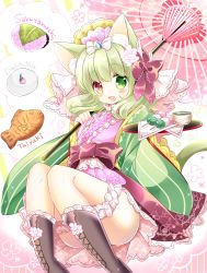 Rule 34 | 1girl, :d, animal ear fluff, animal ears, black footwear, blush, boots, bow, cat ears, cat girl, cat tail, commentary request, cross-laced footwear, cup, daifuku, dango, flower, food, green eyes, green hair, green tea, hair between eyes, hair bow, hair flower, hair ornament, heterochromia, highres, holding, holding tray, holding umbrella, japanese clothes, kimono, lace-up boots, long hair, long sleeves, looking at viewer, oil-paper umbrella, open clothes, open mouth, original, pink flower, pink kimono, pink umbrella, red bow, red eyes, sakura mochi, sanshoku dango, shikito (yawa0w0), smile, solo, tail, taiyaki, tea, tray, umbrella, wagashi, wide sleeves