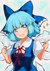 Rule 34 | blue bow, blue dress, blue eyes, blue hair, bow, cirno, dress, food, hands up, ice, ice cream, ice wings, open mouth, qqqrinkappp, red ribbon, ribbon, short hair, smile, solo, touhou, traditional media, wings