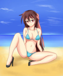 Rule 34 | 1girl, aveve, beach, bikini, blush, breasts, brown eyes, brown hair, cameltoe, high heels, highres, long hair, looking at viewer, shoes, sitting, smile, solo, spread legs, swimsuit, water