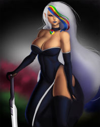 Rule 34 | 1girl, bare shoulders, black dress, black gloves, black thighhighs, blade, blue lips, breasts, choker, cleavage, dark-skinned female, dark skin, dclzexon, dress, elbow gloves, eyeshadow, female focus, gloves, google, google chrome, hair over one eye, highres, large breasts, lipstick, long hair, makeup, multicolored hair, no panties, personification, pointy ears, red eyes, side slit, silver hair, sketch, smile, solo, standing, strapless, strapless dress, streaked hair, sword, thighhighs, very long hair, weapon