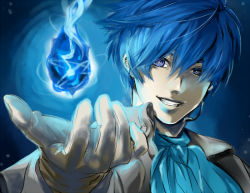 Rule 34 | 1boy, blue eyes, blue hair, c kago, fire, gloves, grin, headset, kaito (vocaloid), male focus, matching hair/eyes, musical note, portrait, pyrokinesis, smile, solo, vocaloid