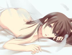 Rule 34 | 1boy, ass, bad id, bad pixiv id, bed, bed sheet, brown eyes, brown hair, feathers, fuuchouin kazuki, getbackers, long hair, lying, male focus, naked sheet, nude, papillon10, solo, trap, very long hair