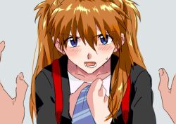 Rule 34 | 1boy, 1girl, blush, breasts, casual, hetero, highres, interface headset, long hair, looking at another, looking at viewer, medium breasts, neon genesis evangelion, open mouth, shirt, simple background, solo, souryuu asuka langley, sweat, two side up, upper body