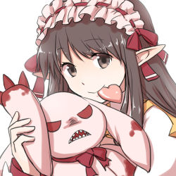 Rule 34 | 1girl, arch bishop (ragnarok online), bow, brown eyes, brown hair, cleavage cutout, closed mouth, clothing cutout, commentary request, dress, frilled hairband, frills, hair bow, hairband, heart, heart in mouth, long hair, looking at viewer, mouth hold, natsuya (kuttuki), pointy ears, ragnarok online, red bow, red hairband, simple background, smile, solo, stuffed animal, stuffed rabbit, stuffed toy, two-tone dress, upper body, white background, white dress