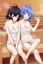 Rule 34 | 2girls, ahoge, bare legs, bare shoulders, barefoot, black hair, blue eyes, blue hair, breasts, commentary, english commentary, facing viewer, fire emblem, fire emblem awakening, highres, igni tion, looking at another, looking at viewer, medium breasts, medium hair, morgan (female) (devoted darkness) (fire emblem), morgan (female) (fire emblem), morgan (fire emblem), multiple girls, nintendo, one eye closed, red eyes, sauna, toes, towel