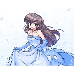 Rule 34 | 1girl, breasts, brown hair, cleavage, crown, dress, gloves, highres, jewelry, kuonji ukyou, necklace, ranma 1/2, smile, solo, wanta (futoshi), wedding dress