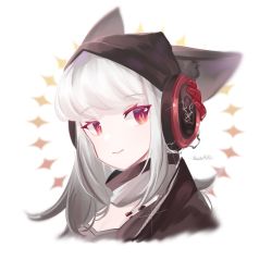 Rule 34 | 1girl, animal ear fluff, animal ears, arknights, beanie, black hat, black jacket, commentary request, cropped torso, ears through headwear, frostleaf (arknights), grey hair, grey shirt, hat, headphones, highres, jacket, looking at viewer, red eyes, shirt, signature, simple background, solo, upper body, white background, xizi5139