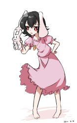 Rule 34 | 1girl, 1other, absurdres, animal, animal ears, black hair, blush, carrot necklace, dress, full body, hand on own hip, highres, holding, holding animal, inaba tewi, jewelry, looking at another, necklace, open mouth, pink dress, rabbit, rabbit ears, red eyes, short hair, simple background, touhou, ve1024, white background