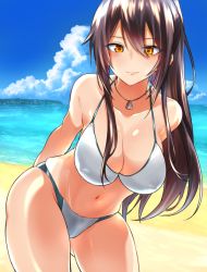 Rule 34 | 1girl, arms behind back, bare shoulders, beach, bikini, black hair, blue sky, blush, breasts, cleavage, closed mouth, collarbone, day, dog tags, hair between eyes, hip focus, idolmaster, idolmaster shiny colors, large breasts, leaning forward, long hair, looking at viewer, navel, ocean, ponytail, ricochet-gou, shirase sakuya, sky, smile, solo, swimsuit, thighs, white bikini, yellow eyes