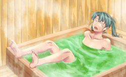 Rule 34 | 1girl, barefoot, bath, bathing, blank eyes, character request, collarbone, green hair, ishii hisao, kantai collection, leaning back, long hair, nude, open mouth, sitting, soles, solo, steam, toes, twintails, water