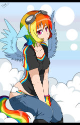 Rule 34 | 1girl, black shirt, cutie mark, denim, goggles, goggles on head, jeans, multicolored hair, my little pony, my little pony: friendship is magic, pants, personification, pink eyes, rainbow dash, rainbow hair, shirt, solo, tail, tattoo, tiaamaito, wings
