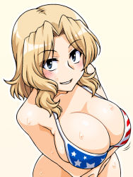 Rule 34 | 1girl, american flag bikini, american flag print, bikini, blonde hair, blue eyes, blush, bouncing breasts, breasts, cleavage, collarbone, flag print, from above, girls und panzer, kay (girls und panzer), large breasts, long hair, looking at viewer, looking up, oosaka kanagawa, parted lips, print bikini, seductive smile, shiny skin, simple background, smile, solo, sweat, swimsuit, upper body, yellow background