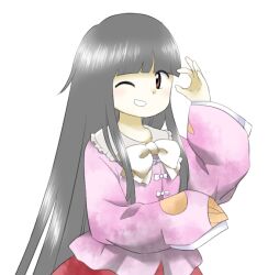 Rule 34 | 1girl, ;d, blunt bangs, bow, bowtie, brown eyes, grey hair, hand up, houraisan kaguya, long hair, long sleeves, nonamejd, official style, one eye closed, open mouth, pink shirt, red skirt, shirt, simple background, skirt, smile, solo, straight hair, touhou, very long hair, white background, white bow, white bowtie, zun (style)