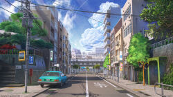 Rule 34 | 3d, apartment, balcony, blue sky, bridge, building, car, city, cloud, contrail, cumulonimbus cloud, day, highres, mixed-language commentary, motor vehicle, no humans, original, outdoors, power lines, railing, road, road sign, scenery, shrine, sidewalk, sign, sitai xiii, sky, stairs, summer, traffic mirror, tree, utility pole, window