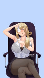 Rule 34 | 1girl, absurdres, arm up, armpits, bagus n, black bra, blonde hair, blue background, blush, bra, breasts, chair, cleavage, crossed legs, highres, katsuragi ayako, lace, lace-trimmed bra, lace trim, large breasts, mature female, musume janakute mama ga suki nano!?, office chair, on chair, pantyhose, pencil skirt, presenting armpit, see-through, signature, simple background, sitting, skirt, sleeveless, smile, sweat, swivel chair, tongue, tongue out, underwear, yellow eyes