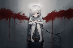 Rule 34 | 1girl, angel, barefoot, blood, blood on face, crack, cracked wall, crossed arms, feet on chair, full body, grey hair, halo, highres, knees together feet apart, knees up, legs together, muted color, on chair, original, pale skin, red eyes, sakiika0513, short hair, sitting, solo, wall