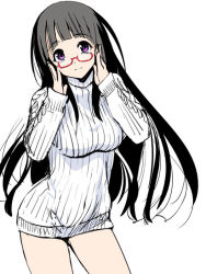 Rule 34 | 10s, 1girl, bespectacled, black hair, chitanda eru, glasses, hyouka, long hair, looking at viewer, naked sweater, purple eyes, ribbed sweater, sasayuki, simple background, sketch, smile, solo, sweater, white background