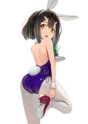 Rule 34 | 1girl, :o, absurdres, adjusting footwear, animal ears, ass, back, backless leotard, bare arms, bare shoulders, black hair, blush, bottle, brown eyes, bunny day, commentary request, cup, detached collar, drinking glass, fake animal ears, fake tail, fate/kaleid liner prisma illya, fate (series), from behind, hair ornament, hairband, hairclip, high heels, highres, holding, holding tray, leg up, leotard, looking at viewer, looking back, miyu edelfelt, one side up, open mouth, pantyhose, playboy bunny, rabbit ears, rabbit tail, red footwear, short hair, simple background, solo, standing, standing on one leg, sunga2usagi, tail, tray, white background, white hairband, white pantyhose, wrist cuffs