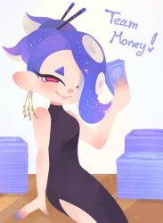 1girl banknote bare_shoulders blue_hair dress english_text eyeliner hair_ornament hair_over_one_eye hair_stick looking_at_viewer makeup money nintendo official_alternate_costume official_alternate_hairstyle red_eyes seainspanish shiver_(splatoon) sitting smile solo splatoon_(series) splatoon_3 tentacle_hair