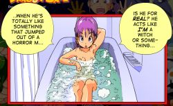 Rule 34 | 1girl, bath, bathing, bathtub, breasts, bubble bath, bulma, bulma, dragon ball, nude, official art, purple eyes, purple hair, soap bubbles, speech bubble