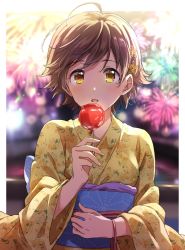 Rule 34 | 1girl, ahoge, backlighting, bad id, bad twitter id, blurry, blurry background, border, brown hair, candy apple, dot nose, fireworks, floral print, flower, food, hair flower, hair ornament, honda mio, idolmaster, idolmaster cinderella girls, japanese clothes, kimono, looking at viewer, night, open mouth, outdoors, short hair, solo, summer festival, upper body, yellow eyes, yukata, zattape