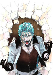 Rule 34 | 1boy, belt, black shirt, bleach, bleach: sennen kessen-hen, blue eyes, blue hair, claws, commentary, crack, cracked wall, english commentary, facial mark, fangs, fighting stance, grimmjow jaegerjaquez, hair between eyes, hands up, katana, long sleeves, looking at viewer, male focus, open clothes, open mouth, open shirt, scar, scar on chest, shirt, short hair, sideburn004, smile, solo, spoilers, straight-on, sword, teeth, tongue, upper body, weapon, white belt, white shirt