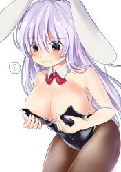 Rule 34 | 1girl, absurdres, animal ears, bad id, bad twitter id, black pantyhose, bow, bowtie, breasts, cleavage, cowboy shot, detached collar, hair between eyes, highres, large breasts, leotard, long hair, miri (miri0xl), pantyhose, playboy bunny, purple hair, rabbit ears, red bow, red bowtie, red eyes, reisen udongein inaba, simple background, solo, touhou, very long hair, white background